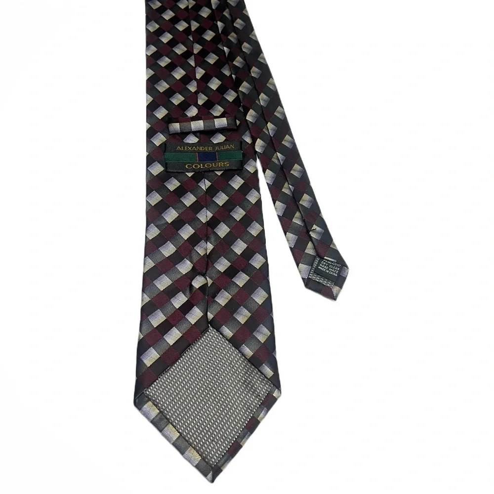 Alexander Julian Handmade Men’s Designer Tie‎ Burgundy Gray Checkered Necktie